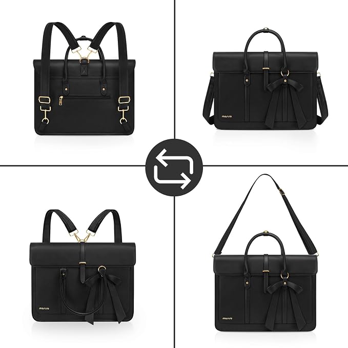 MOSISO Laptop Bag for Women, 17 inch PU Leather Laptop Shoulder Bags Convertible Backpack, 17.3 inch Messenger Bags Casual Handbag Work Briefcase Travel Computer Bag with Bowknot, Black