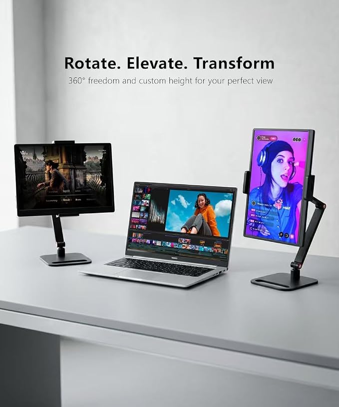 Portable Monitor Stand for Desk, Extra Tall Adjustable Tablet Holder (Max 40cm-17 Height), Aluminum 360° Swivel Arm Mount for 6-17" Screens, Fits 12.9 inch iPad Pro/16 inch Portable Displays