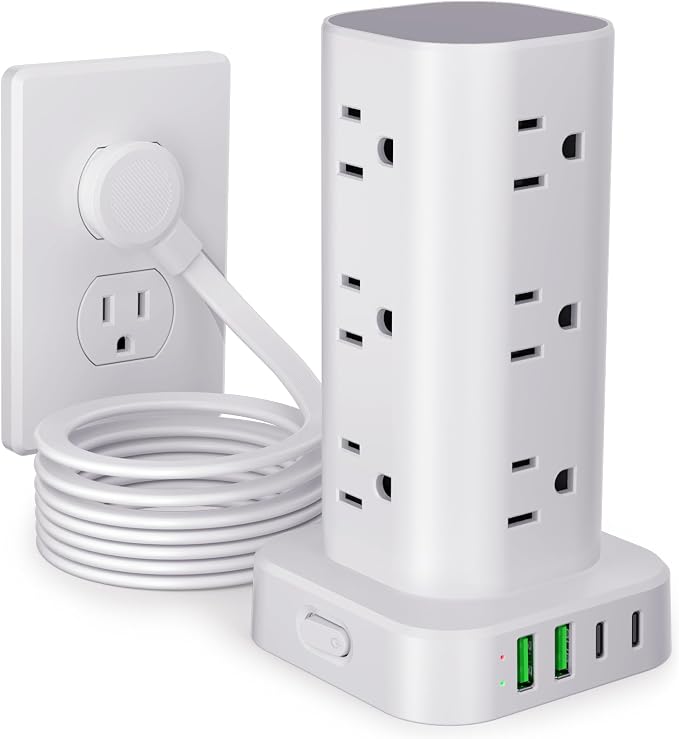 Power Strip Tower with Multiple Outlets, Flat Plug Surge Protector Tower Extension Cord with 12 AC Outlets 4 USB Ports (2 USB C), 10FT Cord Power Tower Surge Protector for Home Office Dorm Room, White