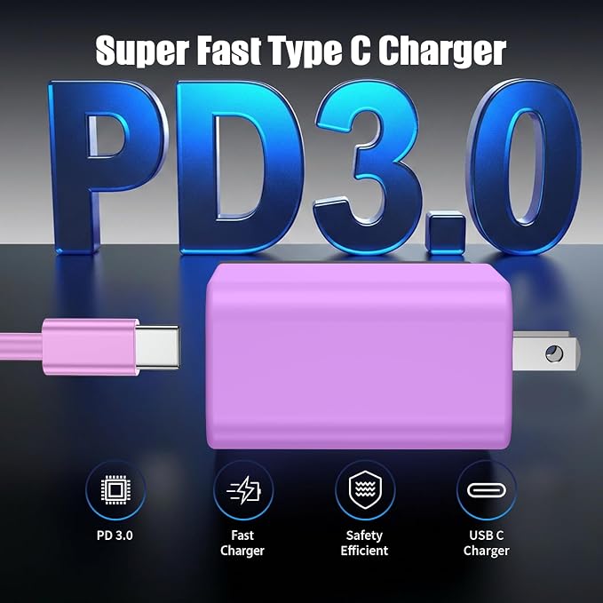 3Pack USB C Charger for Samsung Galaxy S24 Ultra, Super Quite Fast Charging Type C Block with 6FT C to C Cord for Samsung Galaxy Tab S9 S8 S23 Ultra S22 Ultra S23 S22 S21 Note 10 Plus 20,Purple