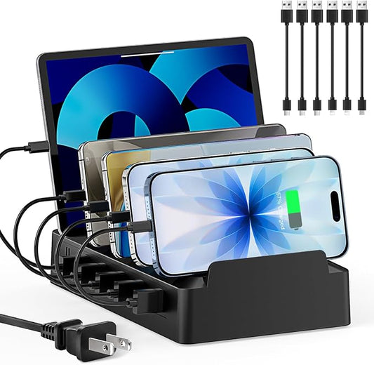 Charging Station for Multiple Devices, 6 Port USB Desktop Charger Dock Compatible with iPad, Samsung, Android, Tablet, Family Multi Phone Charging Organizer with Divider Holders, Fireproof ABS (Black)