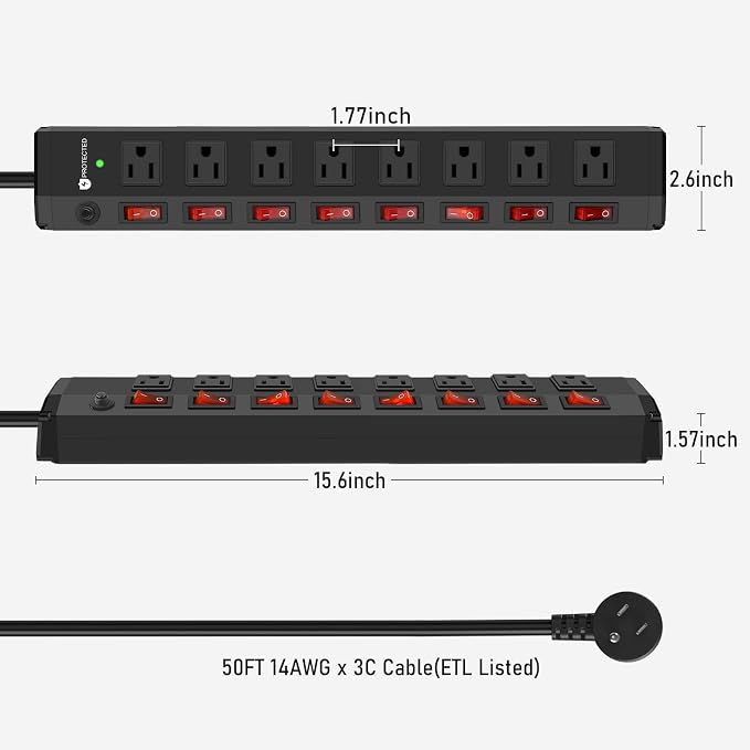 8 Outlet Heavy Duty Power Strip with 8 Individual Switches,Moutable Metal Power Strip Surge Protector 1200 Joules,50FT 14AWG Extension Cord,15A 1800W 125V 60Hz