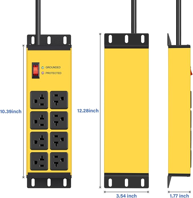 CCCEI Heavy Duty Power Strip Surge Protector 20 AMP Switch, 12 Gauge Extension Cord with Multiple Outlets, Industrial, Shop, Garage High Amp Wall Mount Electric Extender. 10FT, Yellow.