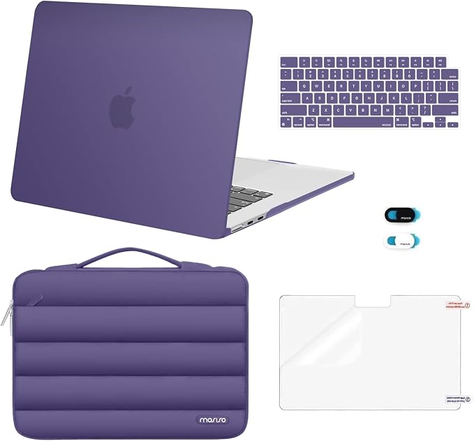 MOSISO Compatible with MacBook Air 15 inch Case M5 2026 M4 2025 M3 2024 M2 2023 A3448 A3241 A3114 A2941, Plastic Hard Shell Case&Puffy Sleeve Bag&Keyboard Skin&Webcam Cover&Screen Film,Imperial Purple