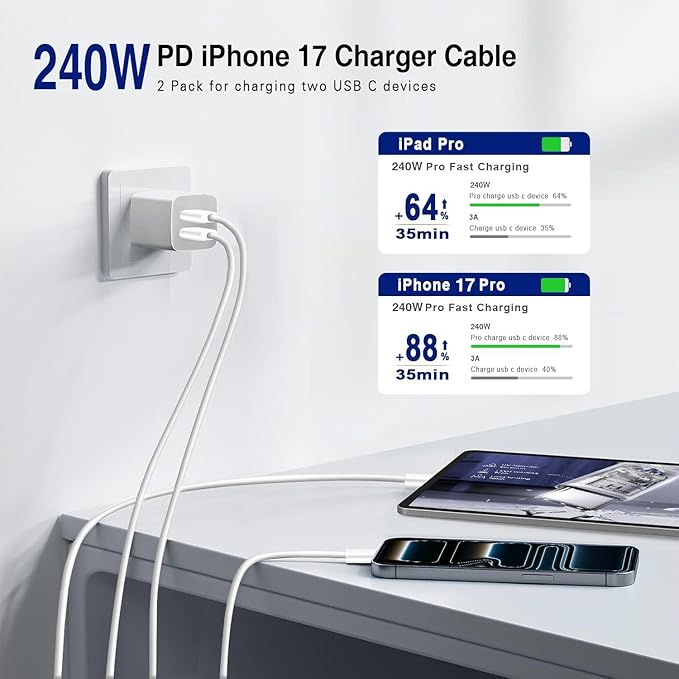 240W Long USB C to C Fast Charger Cable 10ft, Type C to C Super Fast Charging Cord for MacBook Pro/MacBook Air/iPad Pro/Air/Apple iPhone 17 Pro Max/16 15 Plus/Samsung Galaxy S25 S24 S23 Ultra/Laptops