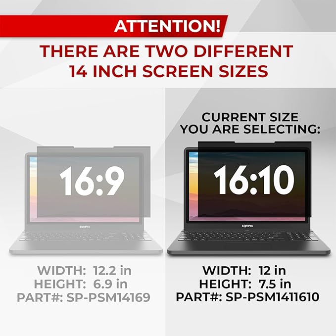 SightPro Magnetic Laptop Privacy Screen 14 Inch 16:10 - Patented Removable Laptop Privacy Filter Shield and Protector