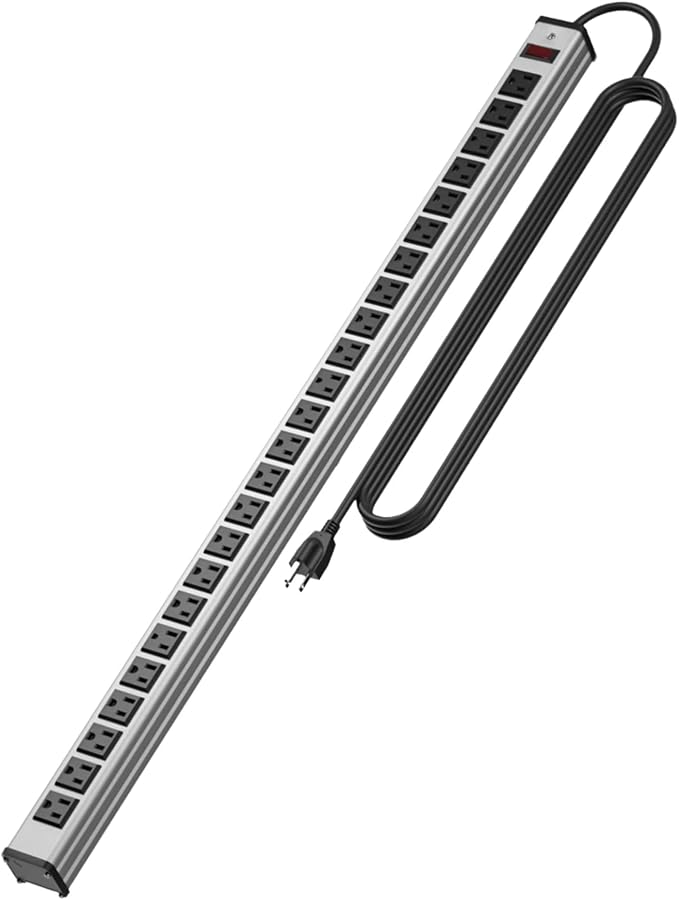 24 Oulet Long Power Strip,Heavy Duty Metal Socket Power Strip,Aluminum with 15-Foot Extension Power Cord,ETL Certified