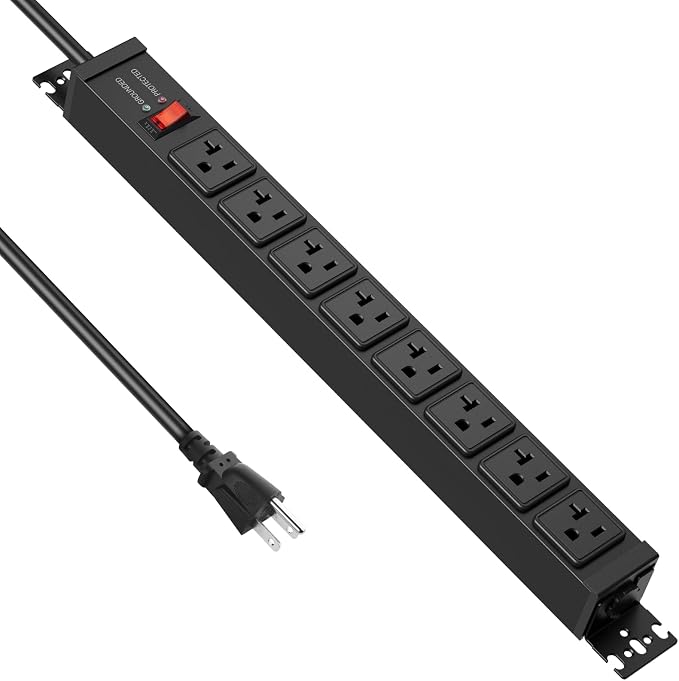 JUNNUJ 20 Amp Power Strip Surge Protector 4800J, Heavy Duty 8 Outlet Metal Multi Angle Mount, 20A Garage Power Strip Shop 6-20R T-Slot, 5-15P Plug 12 Gauge Extension Cord 4ft for Appliance