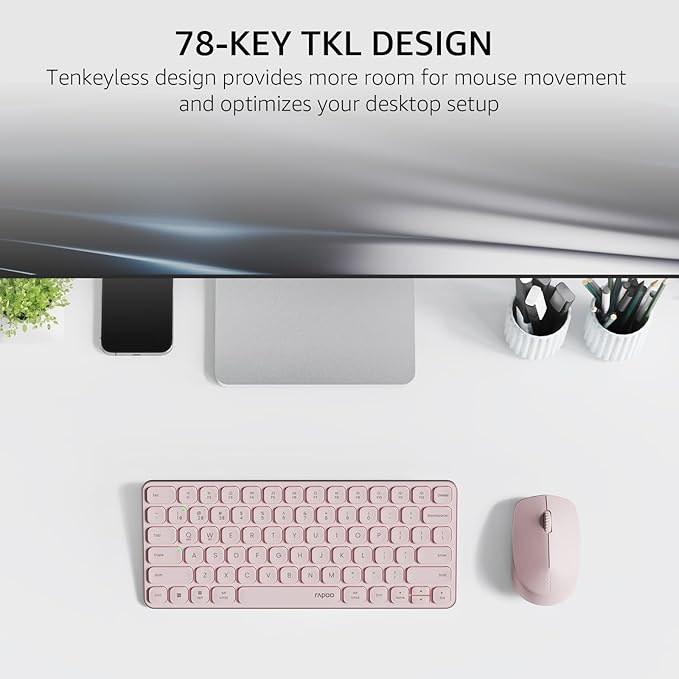 Rapoo Multi-Device Keyboard and Mouse Combo, 2.4GHz/Bluetooth 5.0/4.0 Wireless Keyboard & Mouse Set for Windows/Mac/Linux/Chrome, Support 4 Devices, Low-Profile Silent Click, Battery Powered, Pink