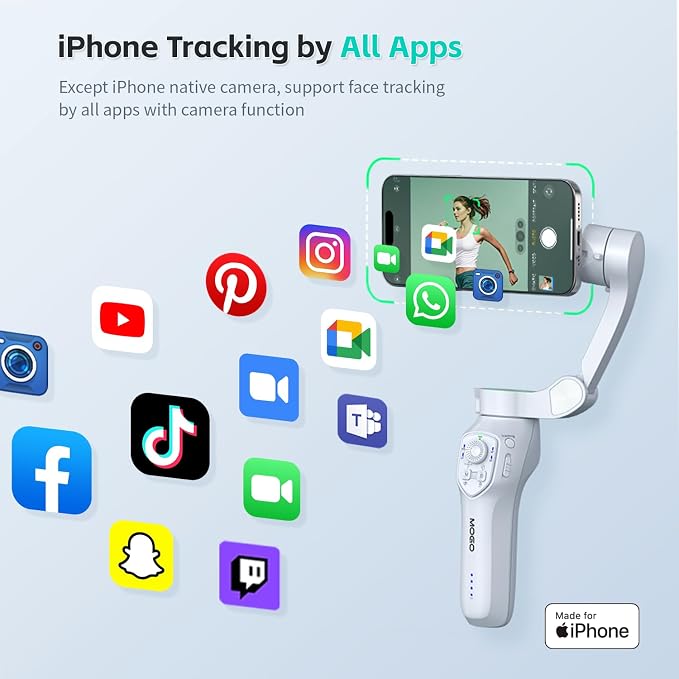 COMITOK Only for iPhone, MOGO [Apple MFi Certified] Gimbal Stabilizer for iPhone Stabilizer for Video Recording, Native Camera Control by Remote & Apple Watch, Background Mode Tracking in iOS26
