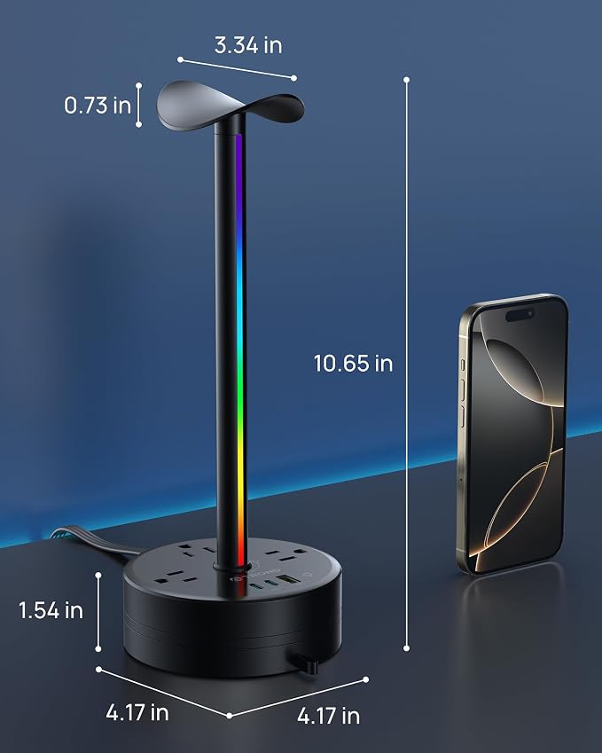 TROND Headphone Stand with PD 20W USB C Charger, RGB Gaming Headset Holder with 3 AC Outlets Extension, 5ft Retractable Power Strip Suitable for Gamer Desktop Table Game Earphone Accessories Gift