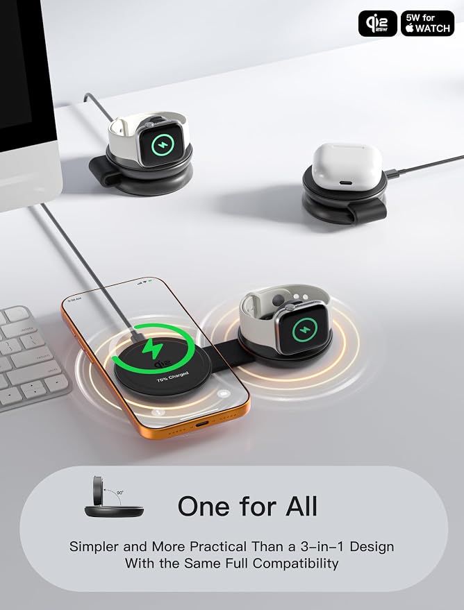 2 in 1 Magnetic Wireless Charger, Qi2 25W Fast Charging Travel Station Pad Compatible with MagSafe for iPhone Air/17/16/15/14/13/12, 5W for Apple Watch, AirPods 4/3/2/Pro with 30W Adapter (Black)