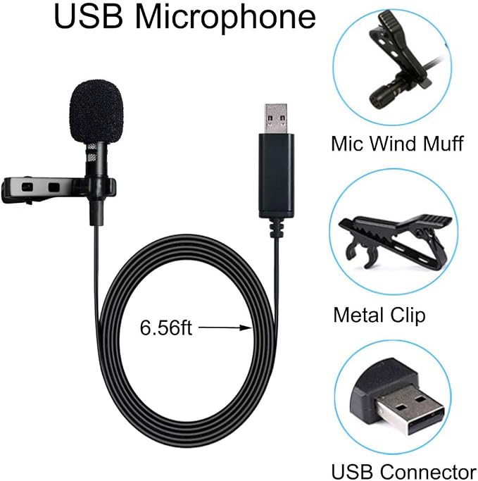 USB Microphone Lavalier Lapel Clip on Mic with 6.56ft Cable for Laptop, Computer, PC, Streaming Conferencing,Interviews, Online Singing, Skype, MSN, Audio Video Recording
