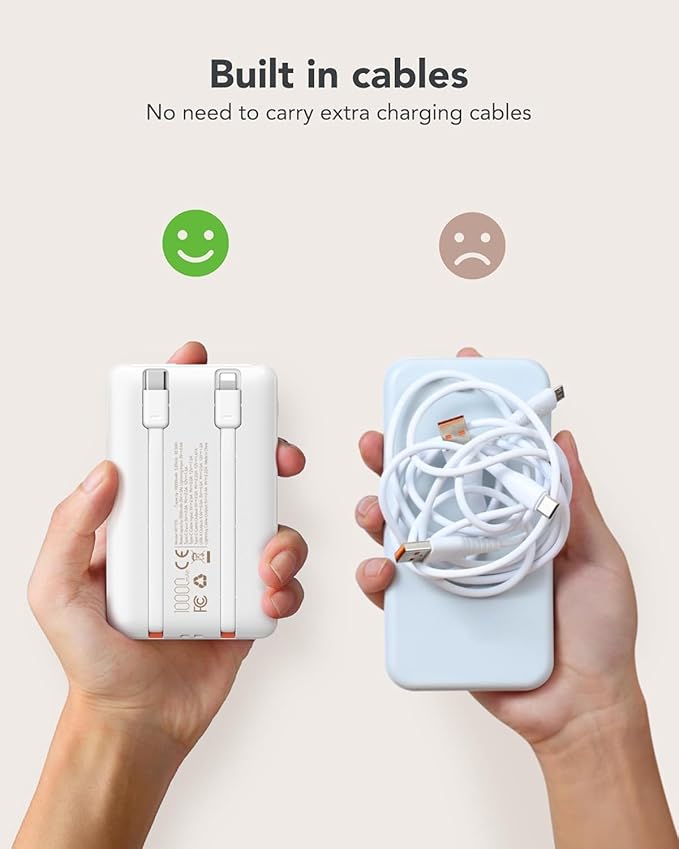 Mini Portable Charger with Built-in Cables 20W Fast Charging Power Bank USB-C Small Battery Pack 10000mAh Travel Essential Slim Battery for iPhone 17/16/15/14, Samsung 25/24, and More