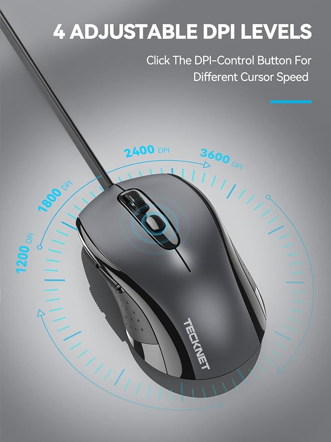 TECKNET Computer Wired Mouse, USB Mice for Laptop with 6-Button, 3600DPI Optical PC Wired Mouse, Home and Office 5FT USB-A Corded Comfortable Mice, Plug & Play, NO Battery Required- Light Grey