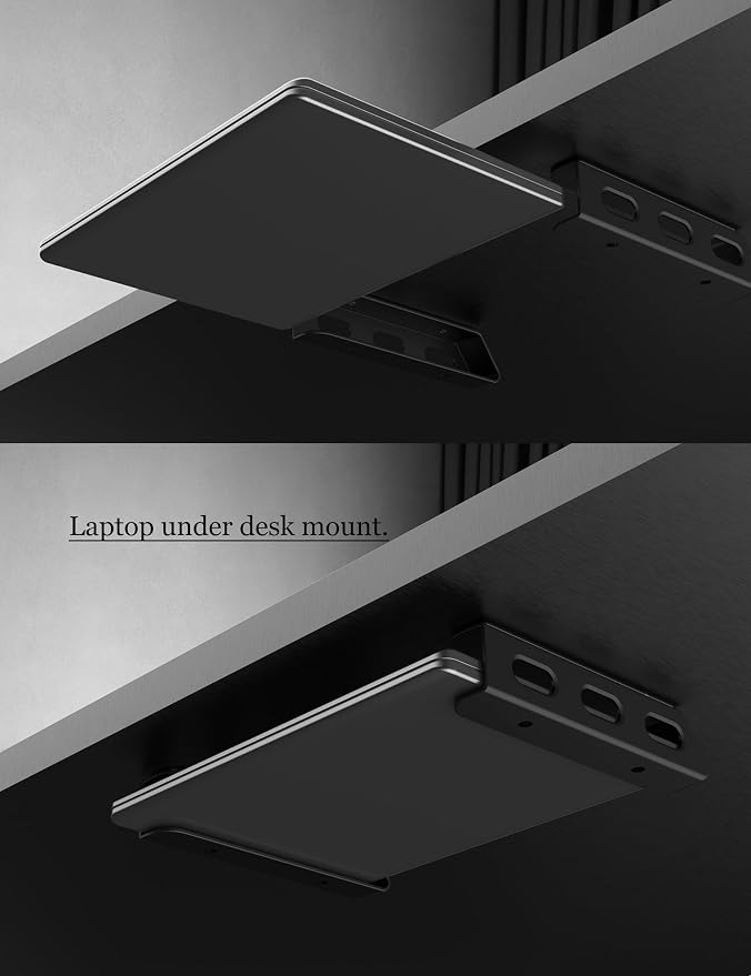 Universal Laptop Wall Mount or Under Desk Mount Holder, Fit for MacBook, Keyboard, Surface, Router, Modems and More Small Devices Up to 40mm/1.57in Thick, Fixed by Screw or Adhesive (Black)