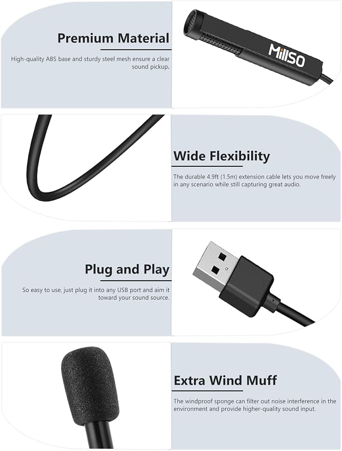 MillSO USB PC Microphone Plug & Play Omnidirectional External Lavalier Mini USB Microphone for Computer, Laptop, YouTube, Meeting, Recording, Podcasting, Gaming - 1.5m/4.9ft
