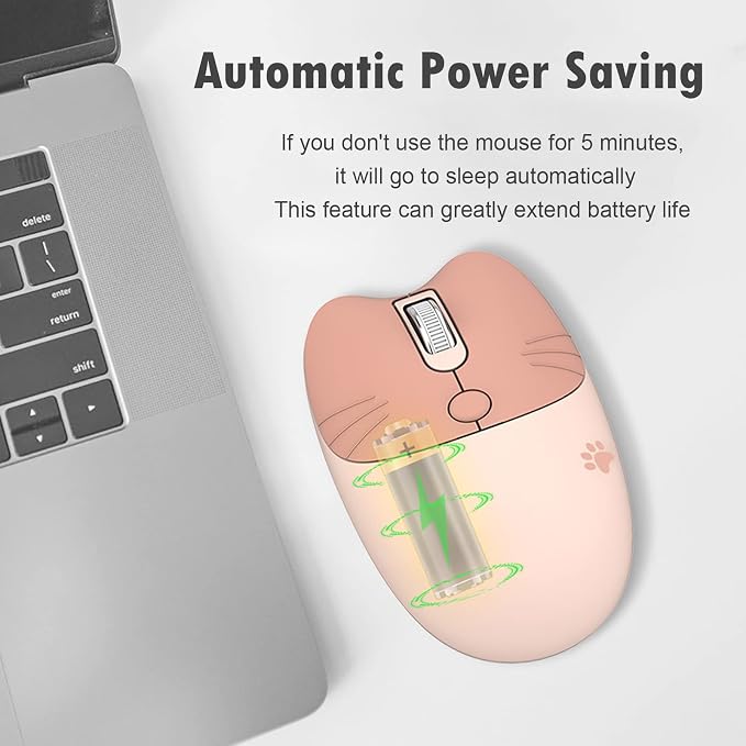 Lomiluskr Cute Cat Wireless Mouse, Lightweight Soundless Mice, 2.4G Wireless Mice, Candy Colors, Kawaii Mouse for Girls and Kids (Milk Tea)