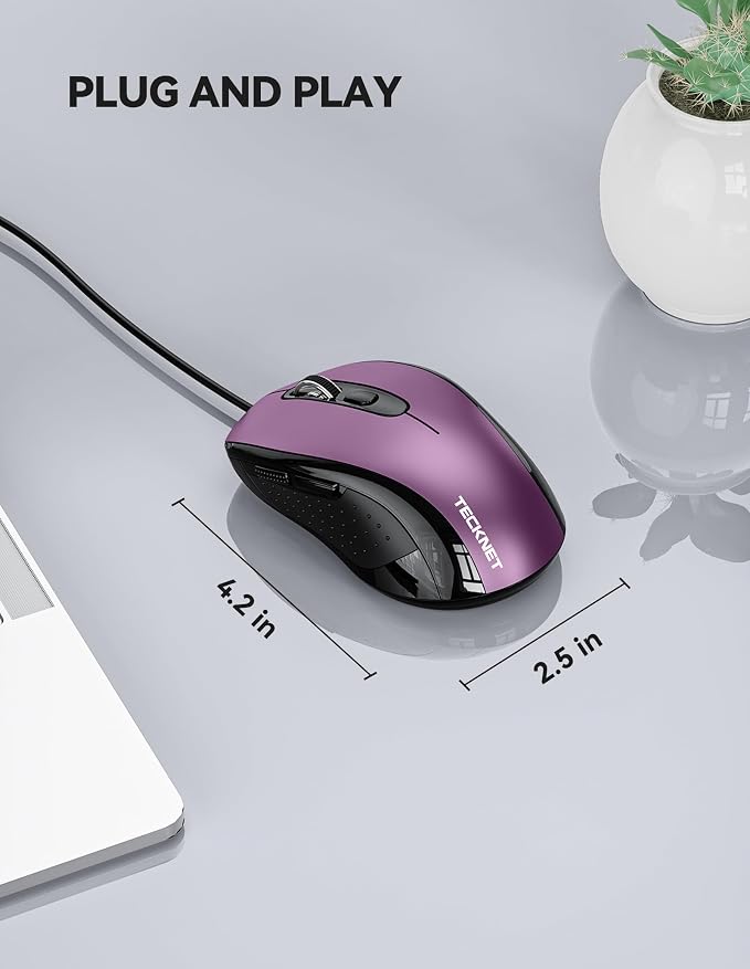 TECKNET USB Wired Mouse, 3600DPI Corded Computer Mouse with 4 Adjustable Levels, 6-Button 5FT Cord Ergonomic Mice, Home and Office Mice for Laptop PC Desktop Notebook - Purple