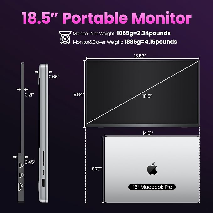 Upperizon Portable Monitor 18.5 inch FHD 130% sRGB 100Hz HDR HDMI USB-C Travel Monitor for Laptop MacBook PC Surface PS5 Xbox, Large External Display with Cover & Speakers, VESA Compatible
