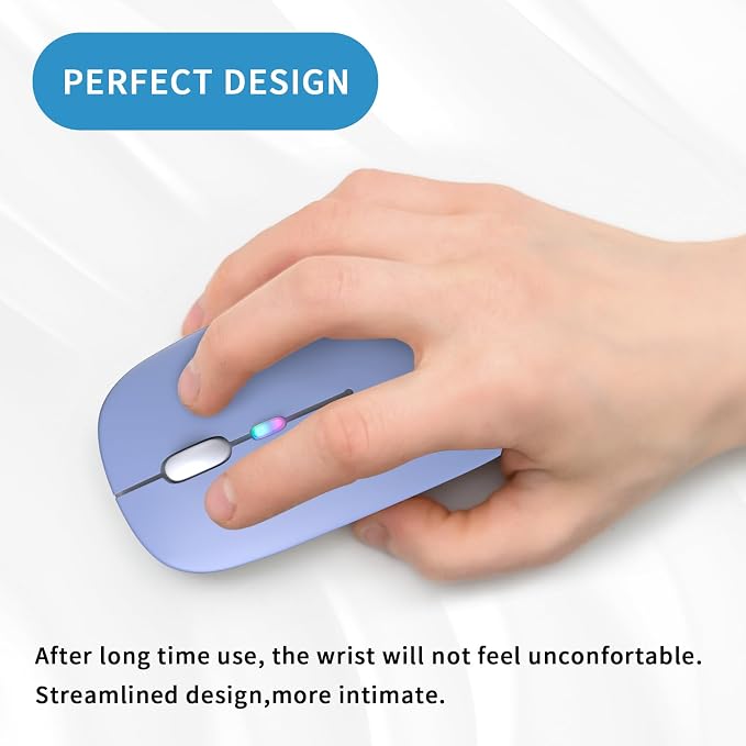 Wireless Bluetooth Mouse, Rechargeable, LED, Silent, Ultra-thin Design (Bluetooth 5.2 and 2.4GHz USB Receiver) | Portable Computer Mouse for Laptops, iPads, MacBooks and Apple Devices (purple)