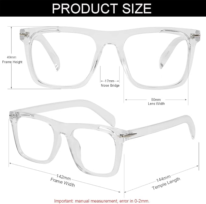 Trendy Square Blue Light Blocking Glasses for Men Women, Fashion Frame Non-prescription Computer Glasses (Transparent)