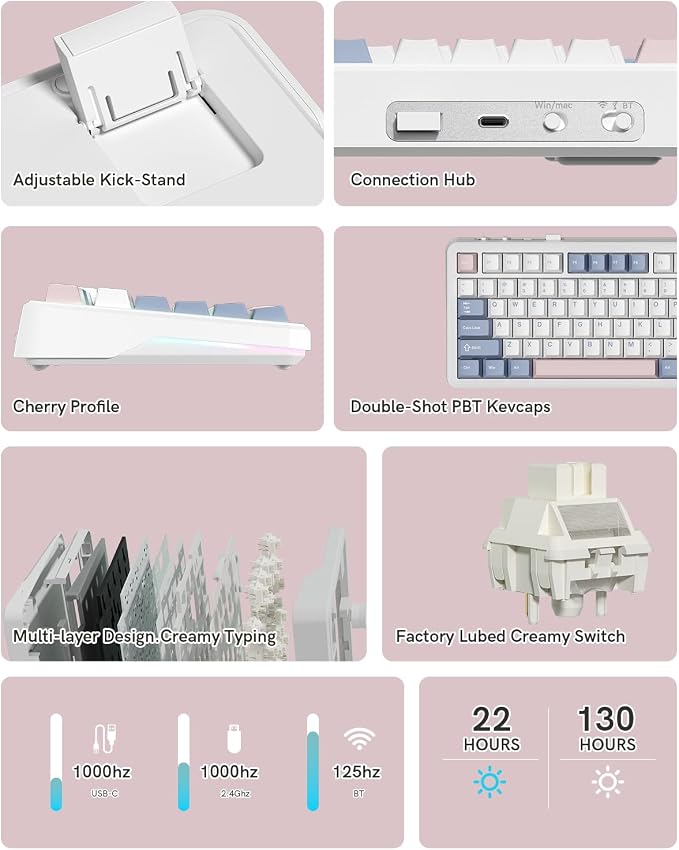 L75 75% Mechanical Keyboard, Wireless Gaming Keyboard with Multifunction Knob, Creamy Gasket Structure, Hot Swap, RGB Backlight, PBT Keycap, Custom Driver, Compact Layout for Win/Mac/PC