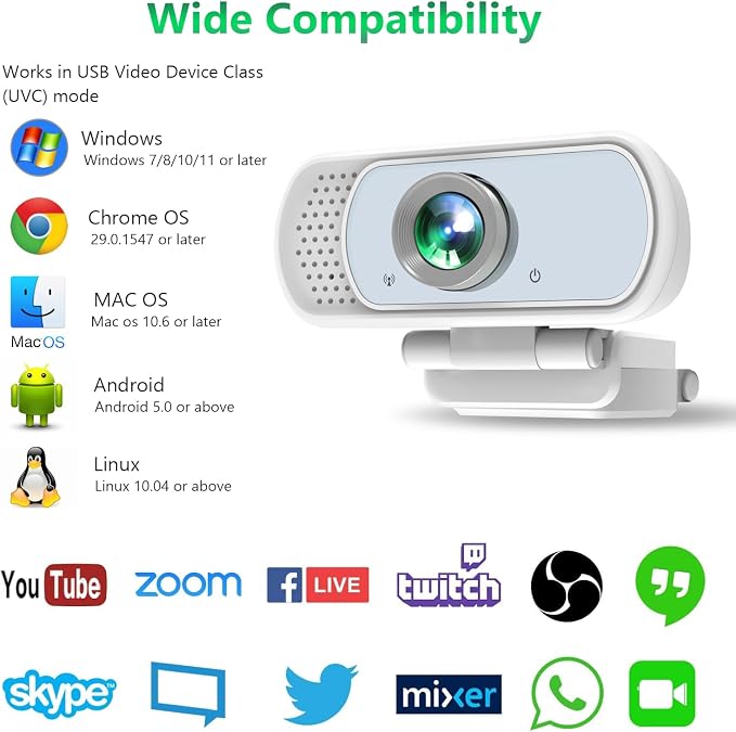 XPCAM Full HD 1080P White Webcam with Privacy Shutter and Tripod, Pro Streaming Web Camera with Microphone, Widescreen USB Computer Camera for Laptop Desktop Mac