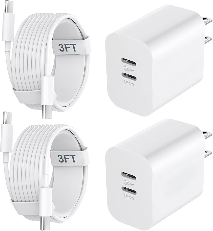 20W Dual Port Type C Fast Wall Charger Power Adapter, USB C Charging Block with 3FT USB-C to C Cable for Phone 17/16/15/15 Plus/15 Pro/15 Pro Max, Pad Pro/Air, Android Phone