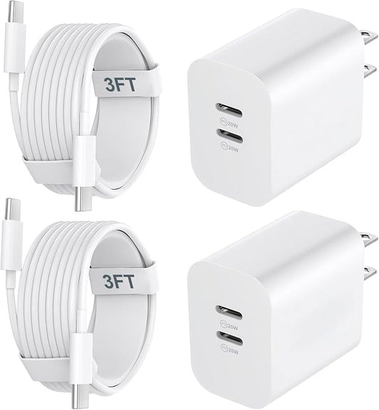 20W Dual Port Type C Fast Wall Charger Power Adapter, USB C Charging Block with 3FT USB-C to C Cable for Phone 17/16/15/15 Plus/15 Pro/15 Pro Max, Pad Pro/Air, Android Phone