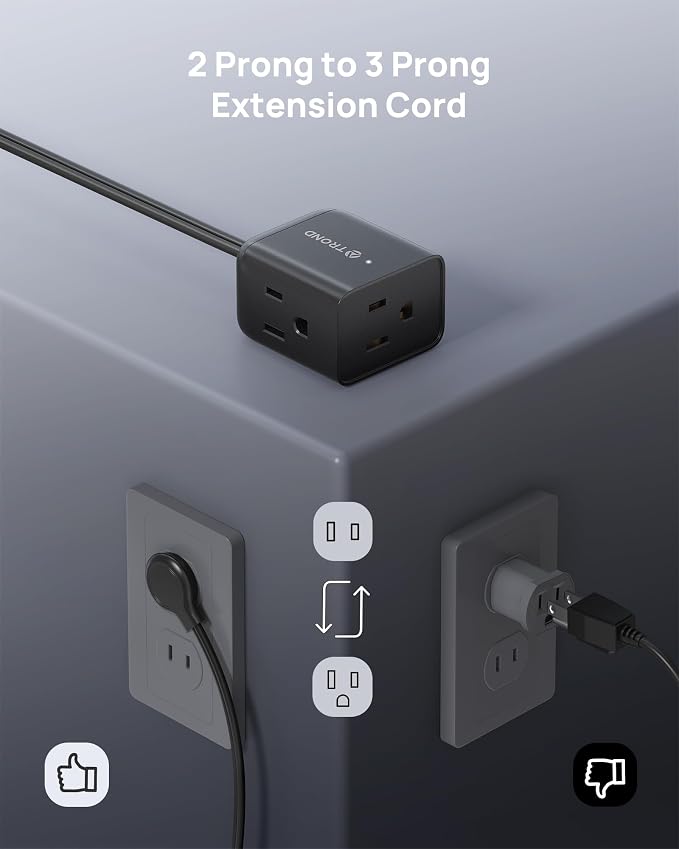TROND Indoor 2 Prong to 3 Prong Extension Cord 3ft - Polarized Flat Plug for Behind Furniture, Small 3 Way Outlet Extender for Non-Grounded Socket in Old House Home Office Kitchen Travel, Black