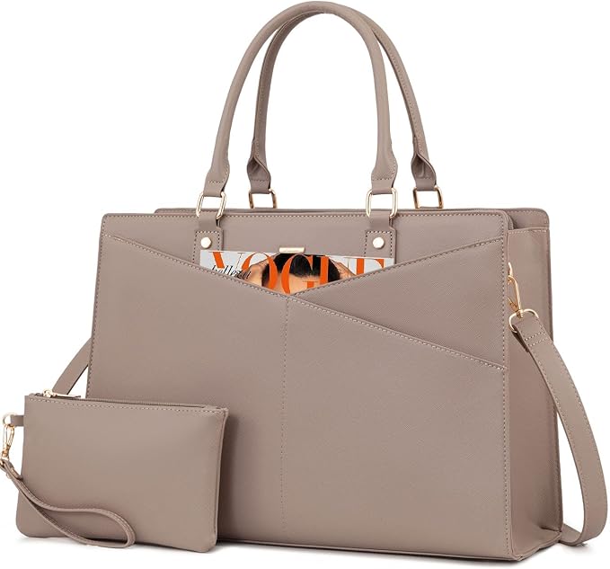LOVEVOOK Laptop Tote Bag for Women, Leather Business Office Work Bag Computer Briefcase with Small Clutch fit for 15.6 Inch Laptop,Light Khaki