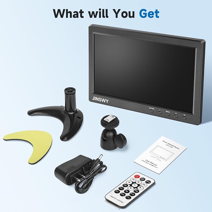 10.1" Security Monitor, 1024x600 HD Display, HDMI VGA BNC AV USB Ports, Small Monitor with Built-in Speakers & Remote Control, for CCTV Surveillance, DVR, PC, Raspberry Pi