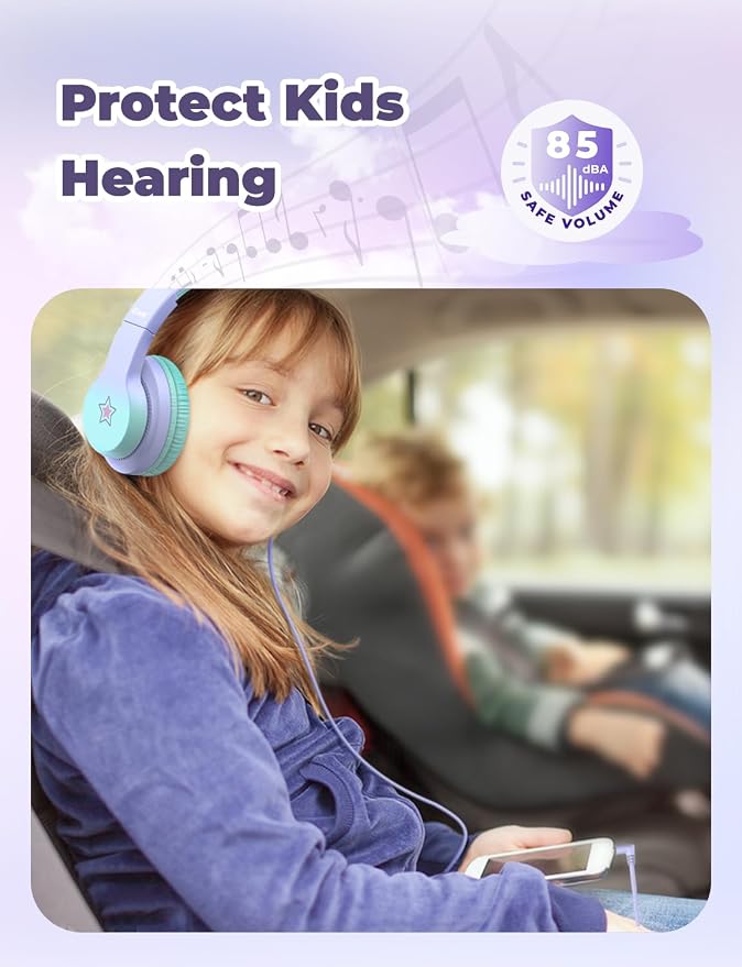 iClever HS19S Kids Headphones, 85dBA Safe Volume Limiter - Over Ear Stereo Headphones for Kids Boys Girls, Foldable 3.5mm Jack Wired Headphone for iPad/Tablet/School/Travel