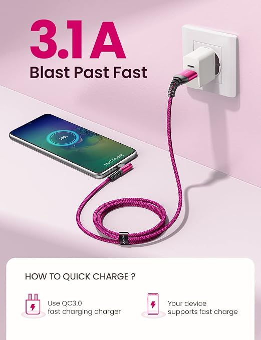 AINOPE Type C Cable [2-Pack, 6.6ft] 3.1A Type C Charger Fast Charging Right Angle, Resistant Nylon Braided S9 Charger Compatible with Galaxy S10 S9 Plus S21, Note 10 9 LG, USB C Cable