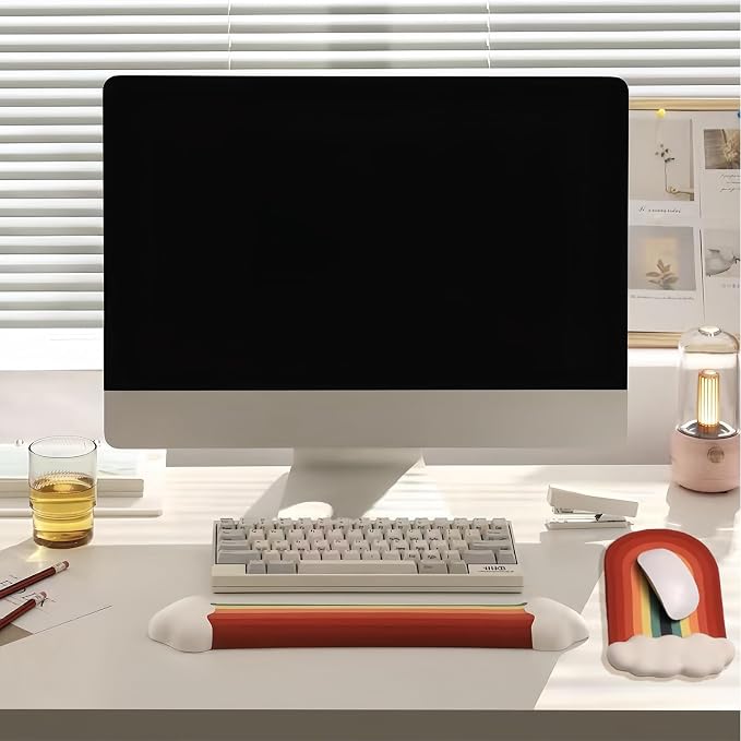 Cute Rainbow Mouse Pad with Wrist Rest for Mouse Pad Gel Cloud Keyboard Wrist Rest PU Base Silicone Ergonomic White Cloud Mouse Wrist Pad Support for Gaming Desk Laptop Home Office