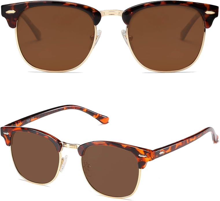 SOJOS Retro Semi Rimless Polarized Sunglasses Horn Rimmed UV400 Glasses SJ5018, Yellow Tortoise Frame/Green Lens