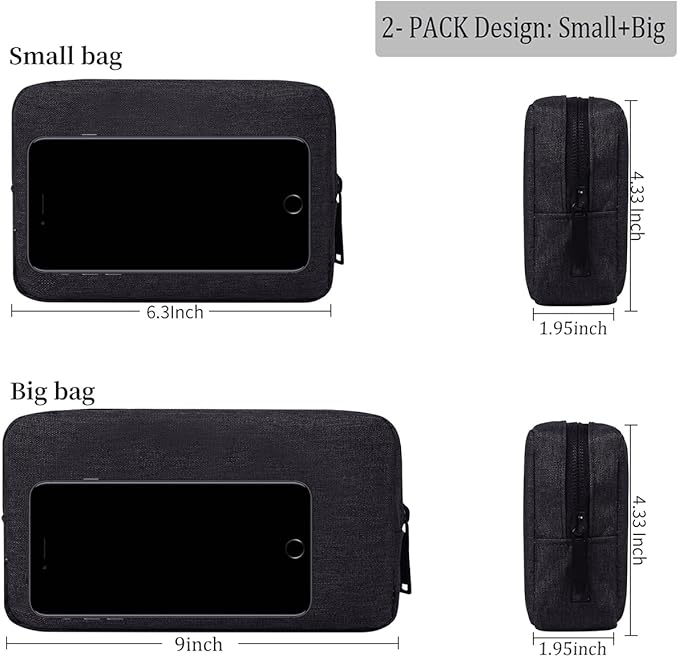 CAAORDKSO Electronics Accessories Case, Electronic Organizer Travel Cable Accessories Bag, Portable Waterproof Storage Bag for Hard Drive,Power Bank,Chargers,Mouse,Various Accessories(Small+Big-Black)