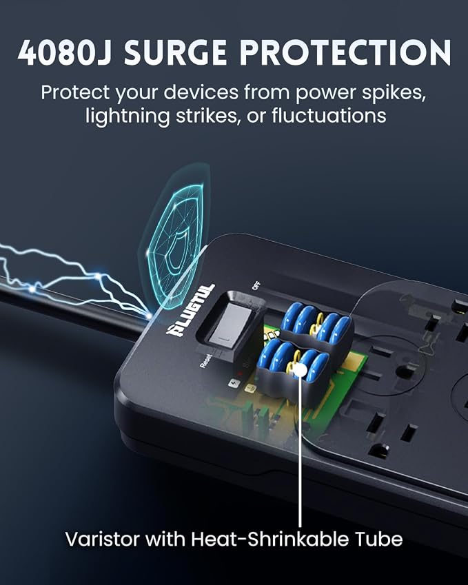 PLUGTUL Surge Protector Power Strip 5FT(4080J), Black Surge Protector with 12 Outlets - Spacious Design for Large Plugs, Flat Plug, 20W USB C Charging for Home, Office, ETL Listed