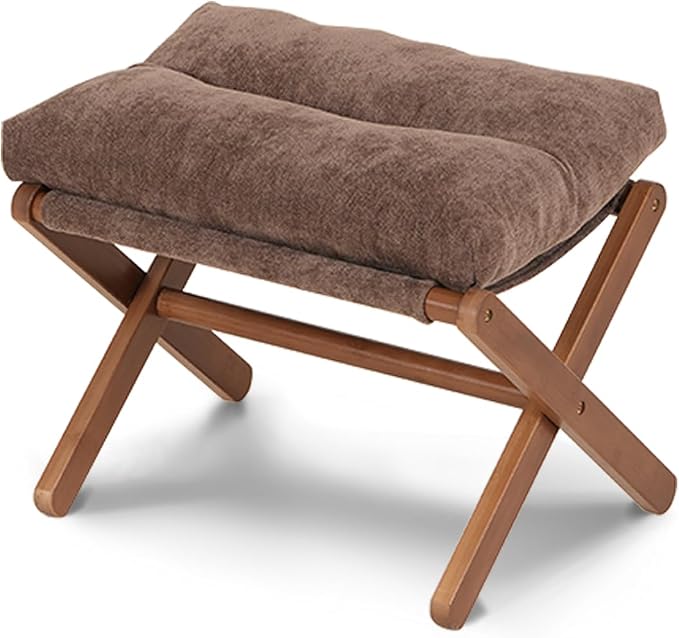 Baveke Ottoman Foot Rest- Bamboo Foldable Stool, Foot Stools Small Ottman with Upholstered & X Legs, Folding Stool for Makeup, Bedroom and Living Room (Small Brown)