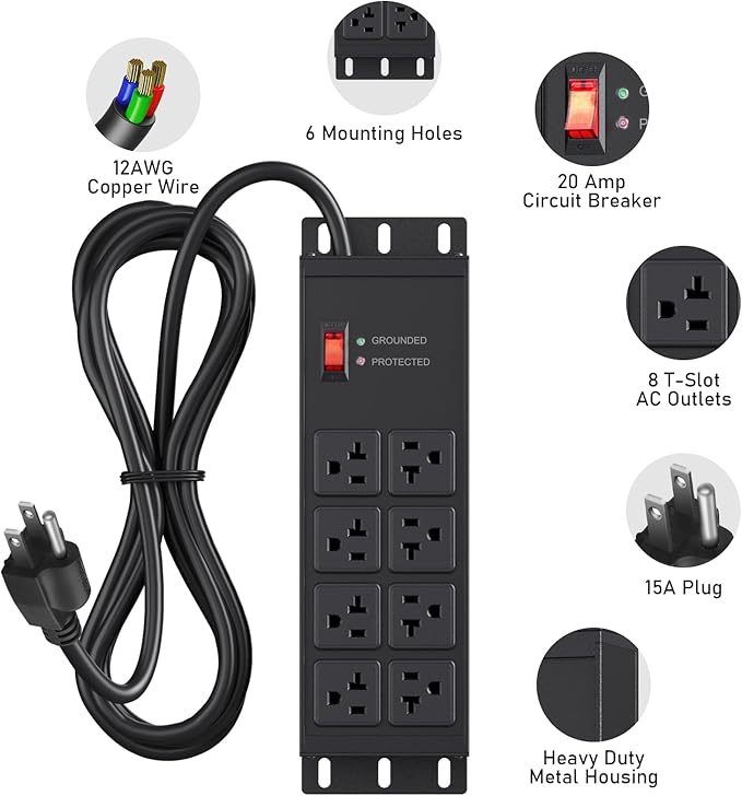 JUNNUJ Heavy Duty Surge Protector Power Strip 4800J, Garage Metal 8 Outlets 20 Amp 12 Gauge, High Amp 5-15P Adapter Shop 6-20R T-Slot Industrial Outlet, 6 FT Extension Cord Commercial for Appliance