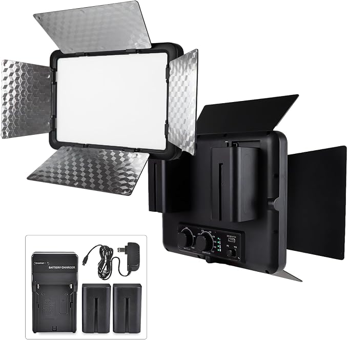 LED Video Light with Barn Door, 4400mAh Rechargeable Battery×2, 3200-6500K CRI 96+ Adjustable Panel Light for Outdoor Photography/Live Broadcast Shooting/Indoor Recording Fill Light/Video Conferencing