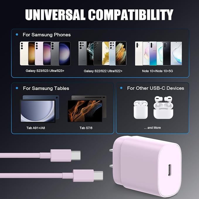Essri Type C Charger Fast Charging for Samsung Galaxy S25/S24/S23/S22/Note 20,4Pack 25W Super USB C Fast Charger Block with (6ft+10ft) x2 Cables for iPhone 15/16 Pro Max/Plus, Android Phones-Pink