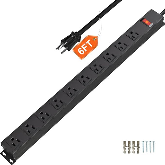 10 Outlet Power Strip 6FT Long Extension Cord Heavy Duty Power Strip Wall Mount Outlet Metal for Kitchen,Office,School,Garage,Workshop,Industrial,125V/15A/1825W,Black(6FT)
