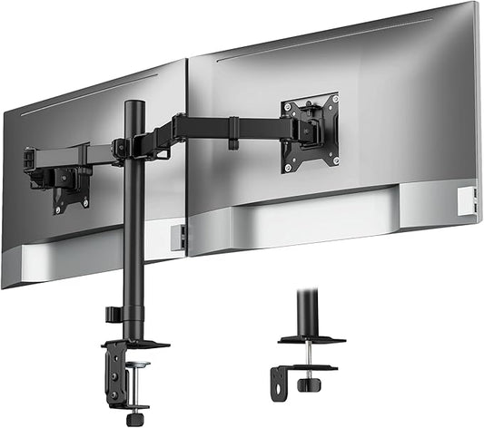 monTEK Heavy Duty Dual Monitor Stand for 17–32" Monitors, Stable Desk Mount with 22 lbs per Arm, Fully Adjustable Articulating Monitor Arm with Clamp & Grommet Base, VESA 75x75/100x100