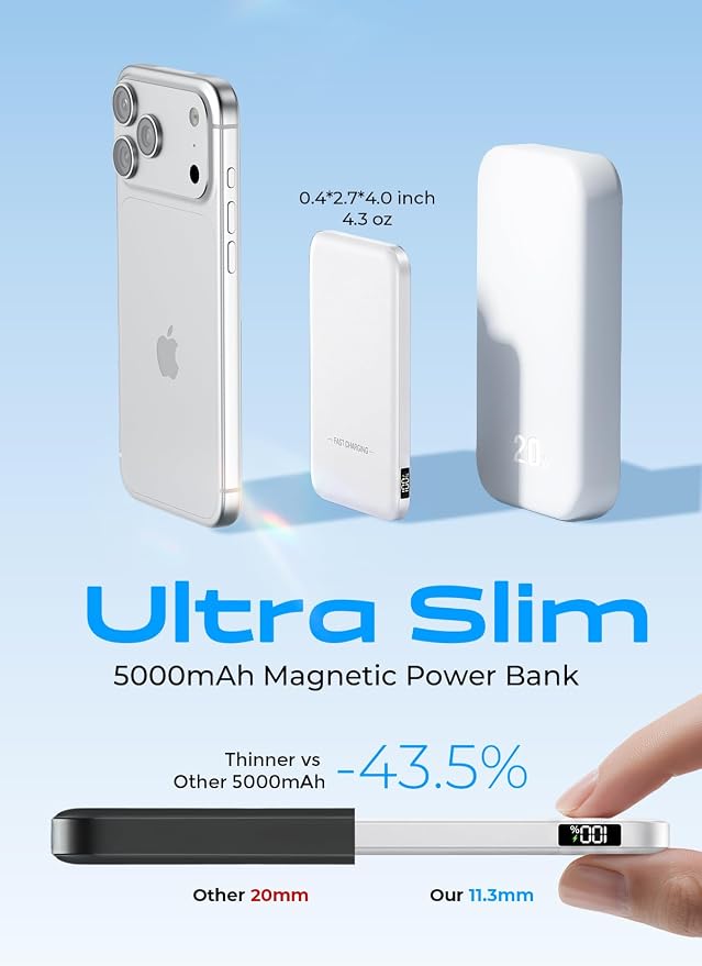 Aobbow Magnetic Portable Charger, 5000mAh Ultra Slim Power Bank, 15W Fast Charging for Magsafe Battery Pack, Travel Essential Wireless Charger Compatible with iPhone 17/16/15 Series - Pearl White