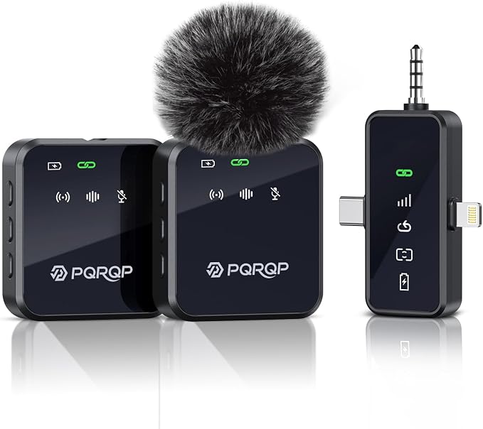 PQRQP 3 in 1 Wireless Mini Microphone for iPhone, Android, Camera,328ft Range, 18H Battery Life,High-Fidelity Audio Clip on Mic for Content Creators-Soot Black