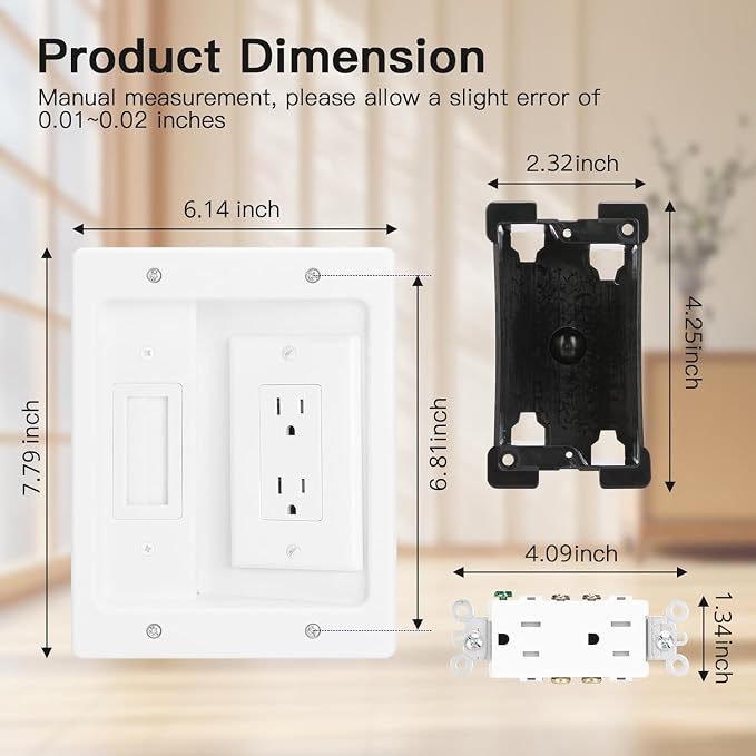 Wall Cable Concealer Kit, in Wall Cable Management Kit for TV,Recessed Outlet with Outlet Box and Brush Wall Plate,Integrated Solution for Orderly Management of Cables in the Living Room,White