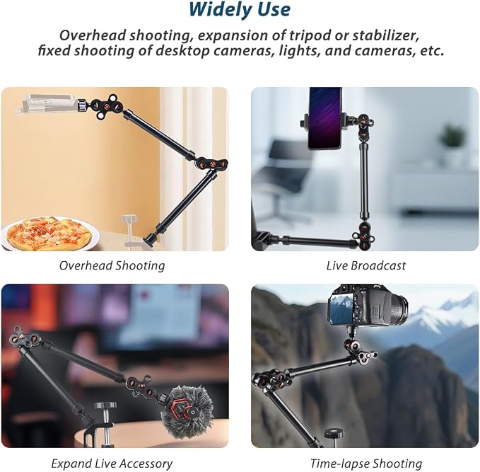 21"/53cm Adjustable Magic Arm with Super Clamp, Overhead Phone Mount, Heavy Duty Desk Camera Mount & Clamp,Flexible Joints Articulating Friction Arm for Light, Webcam, Mic, Action Camera