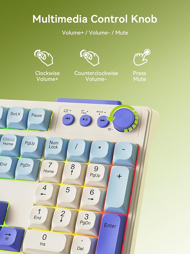 Wireless Keyboard and Mouse Combo, RGB Backlit Rechargeable 2000 mAh Battery, Wireless Computer Keyboards, Tri-Mode Bluetooth/2.4GHz/USB-C Custom Creamy Keyboard, RGB Backlit Media Knob